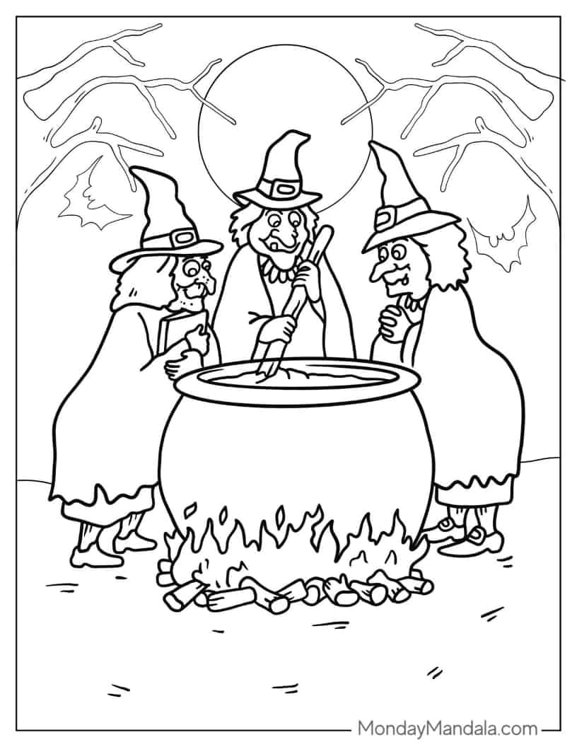 Halloween Coloring Page of Three Witches Casting Spells coloring page — printable line art