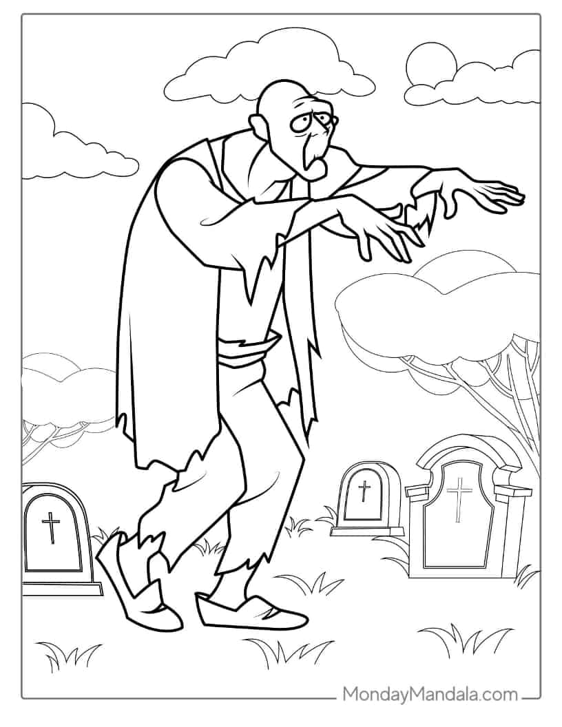 Halloween Coloring Page of  Undead In Cemetery coloring page