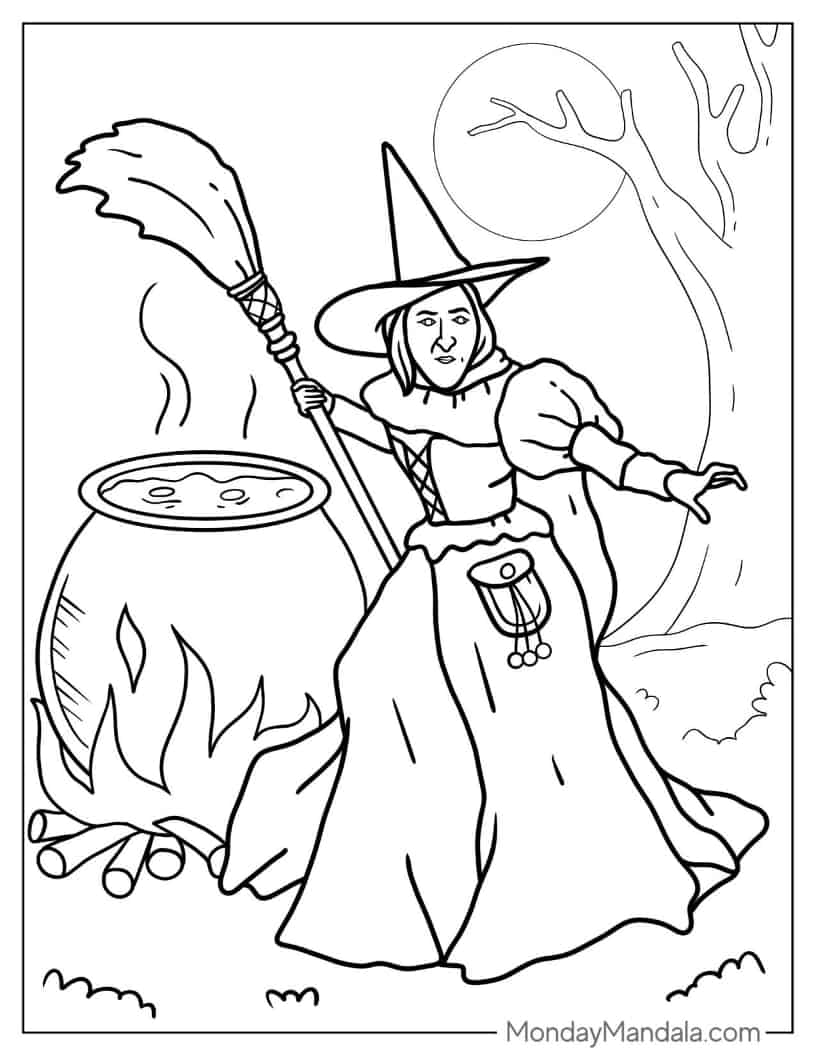 Halloween Coloring Page of Witch Holding Broom coloring page — printable line art