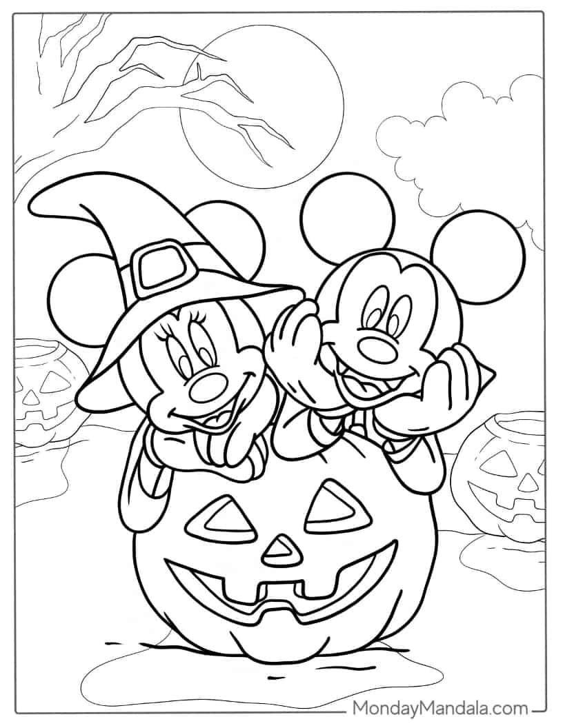 Halloween Coloring Page of Witch Minnie Mouse And Vampire Mickey Mouse coloring page — printable line art
