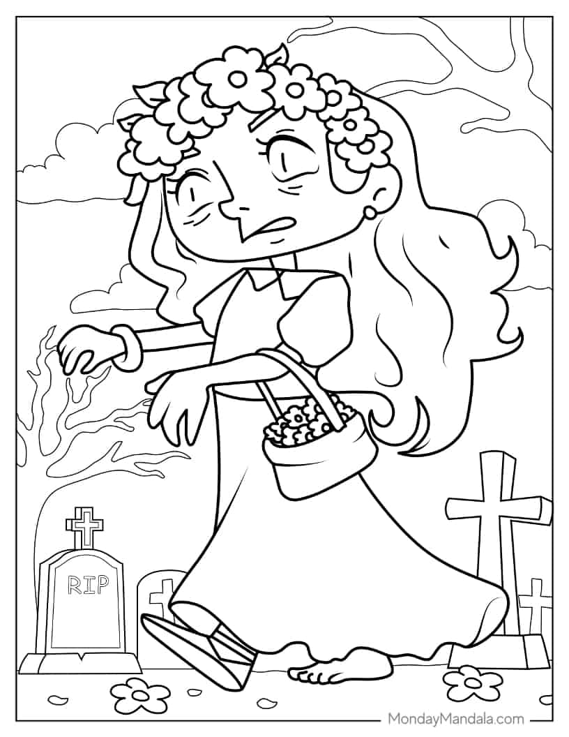 Halloween Coloring Page of Zombie Bride With Flowers coloring page — printable line art