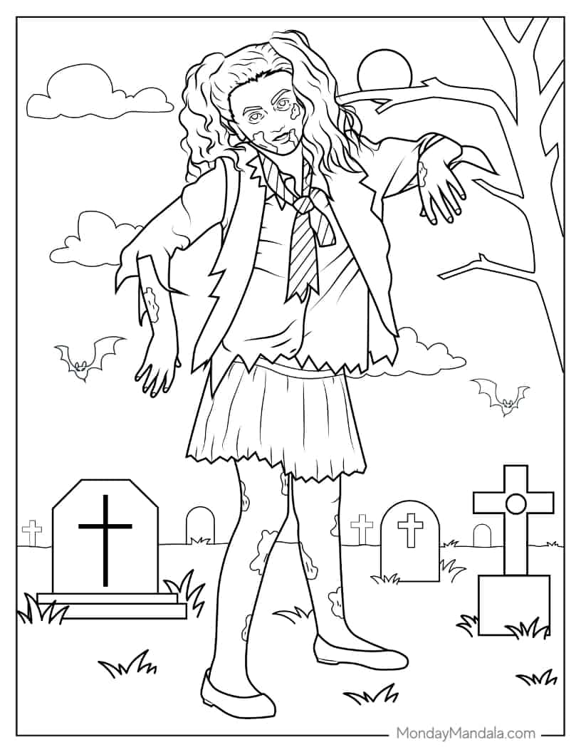 Halloween Coloring Page of Zombie Girl In Cemetery coloring page — printable line art