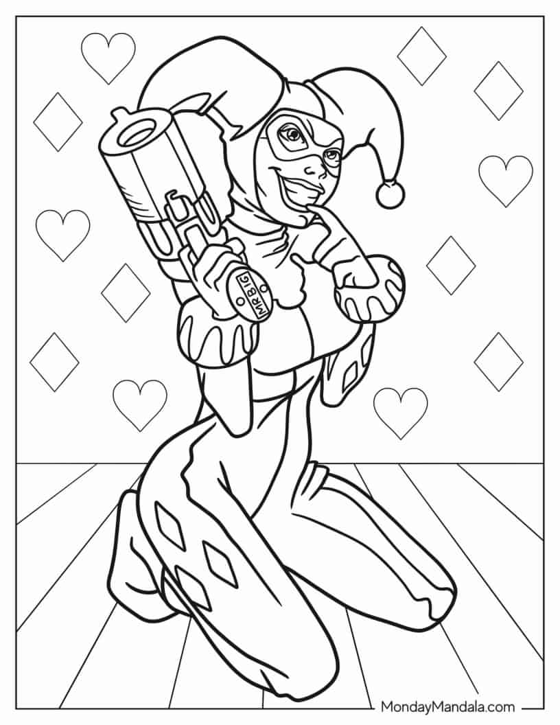 Detailed Outline Of Harley Quinn In Clown Costume coloring page