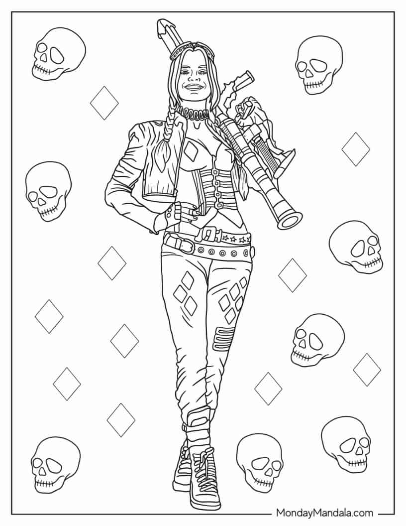 Harley Quinn Holding Weapon Coloring Sheet coloring page