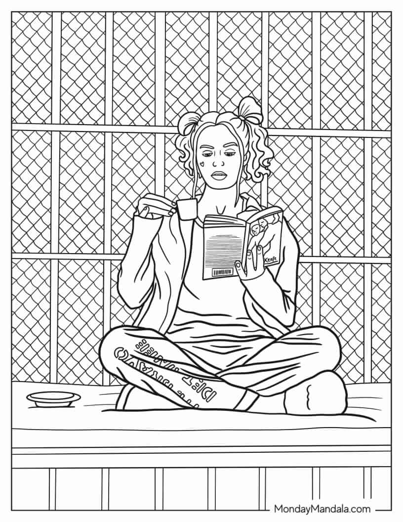 Harley Quinn Reading And Drinking Tea In Prison coloring page