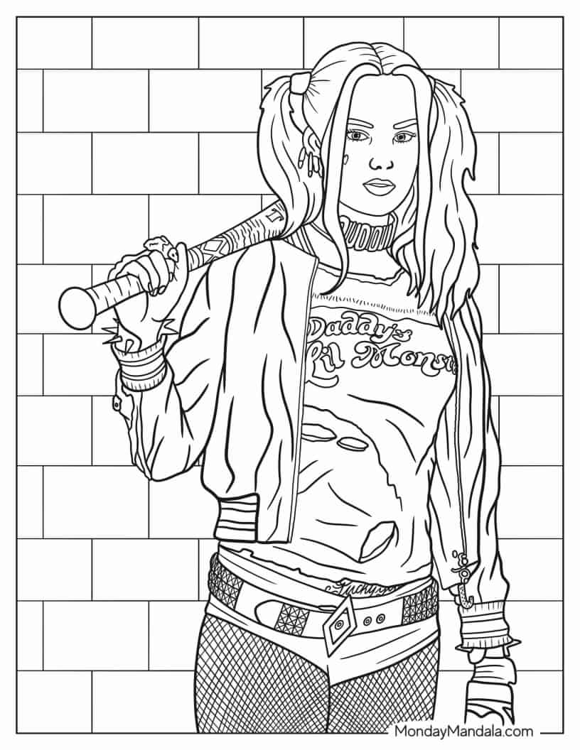 Realistic Coloring Page Of Harley Quinn With Bat coloring page