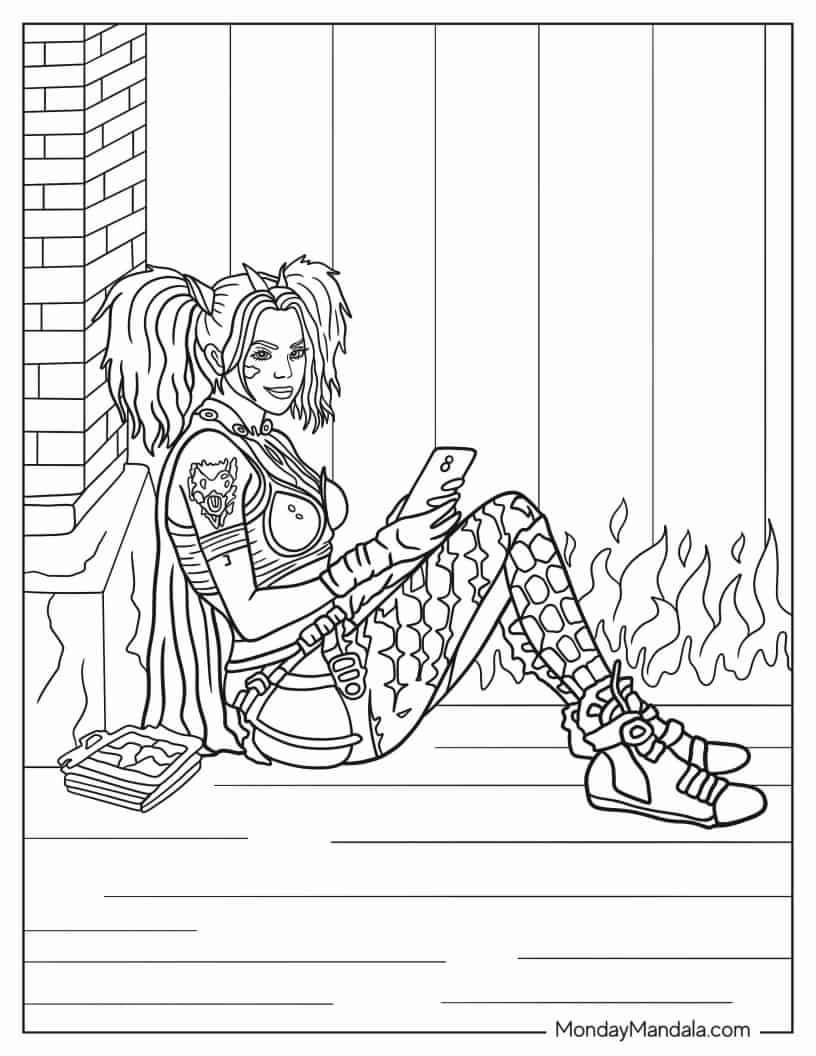 Realistic Coloring Sheet Of Harley Quinn Sitting coloring page