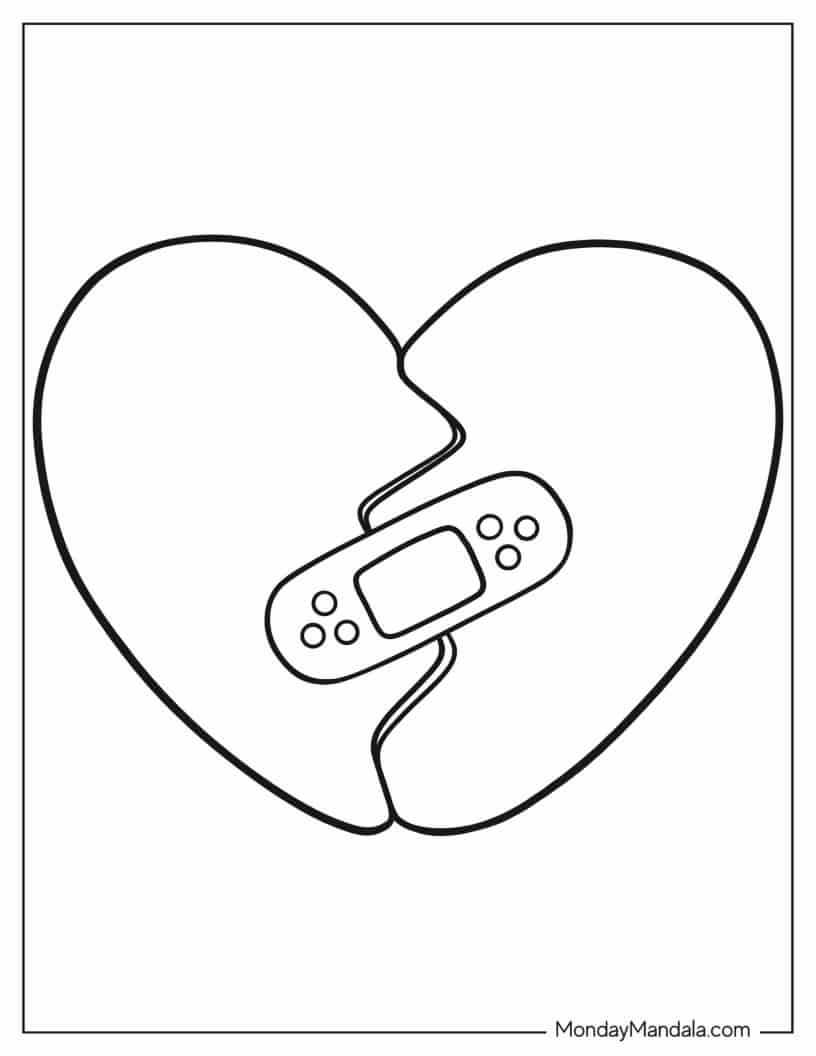 Broken Heart Outline With Huge Band Aid Coloring In coloring page — printable line art