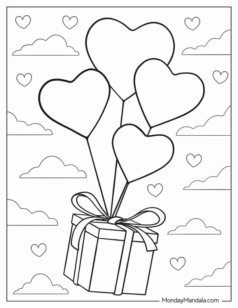 Coloring Page Of Heart Balloons Tied To A Present coloring page — printable line art