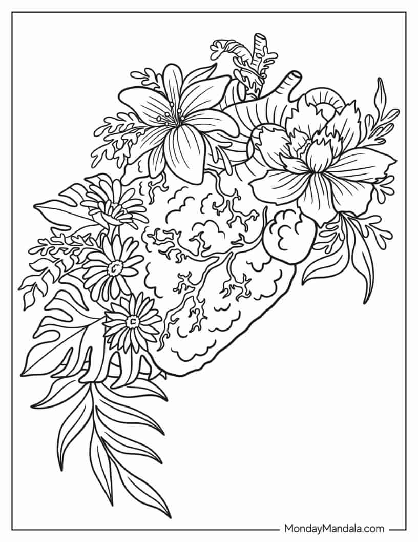 Coloring Page Of Realistic Heart With Flowers coloring page — printable line art