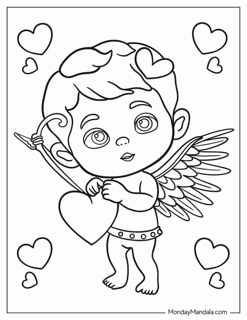 Coloring Sheet Of Cupid Holding A Heart coloring page — printable line art