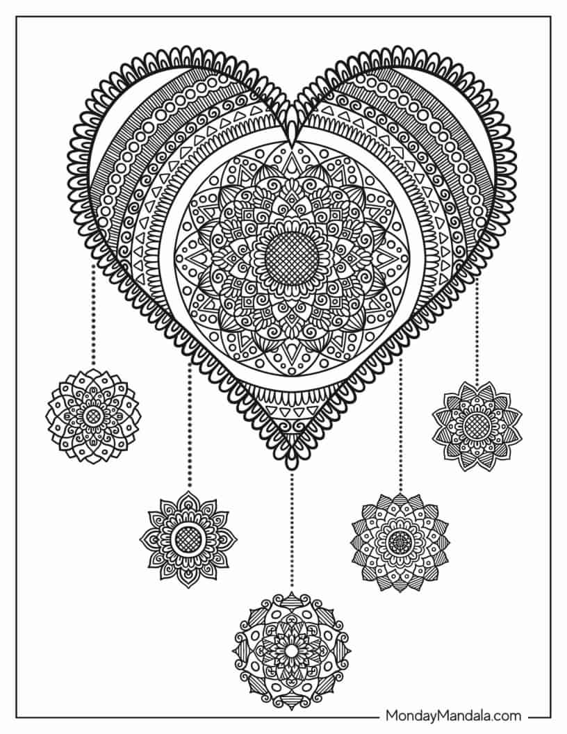 Coloring Sheet Of Dreamcatcher Heart Mandala coloring page — printable line art