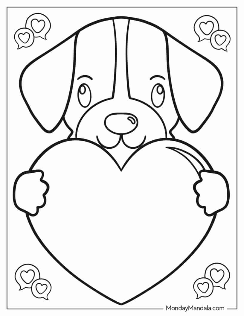 Cute Dog Holding Up Heart coloring page