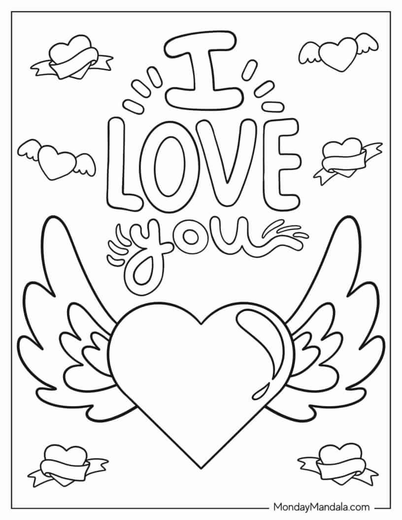 Cute Heart With Wings And I Love You Coloring Page coloring page — printable line art
