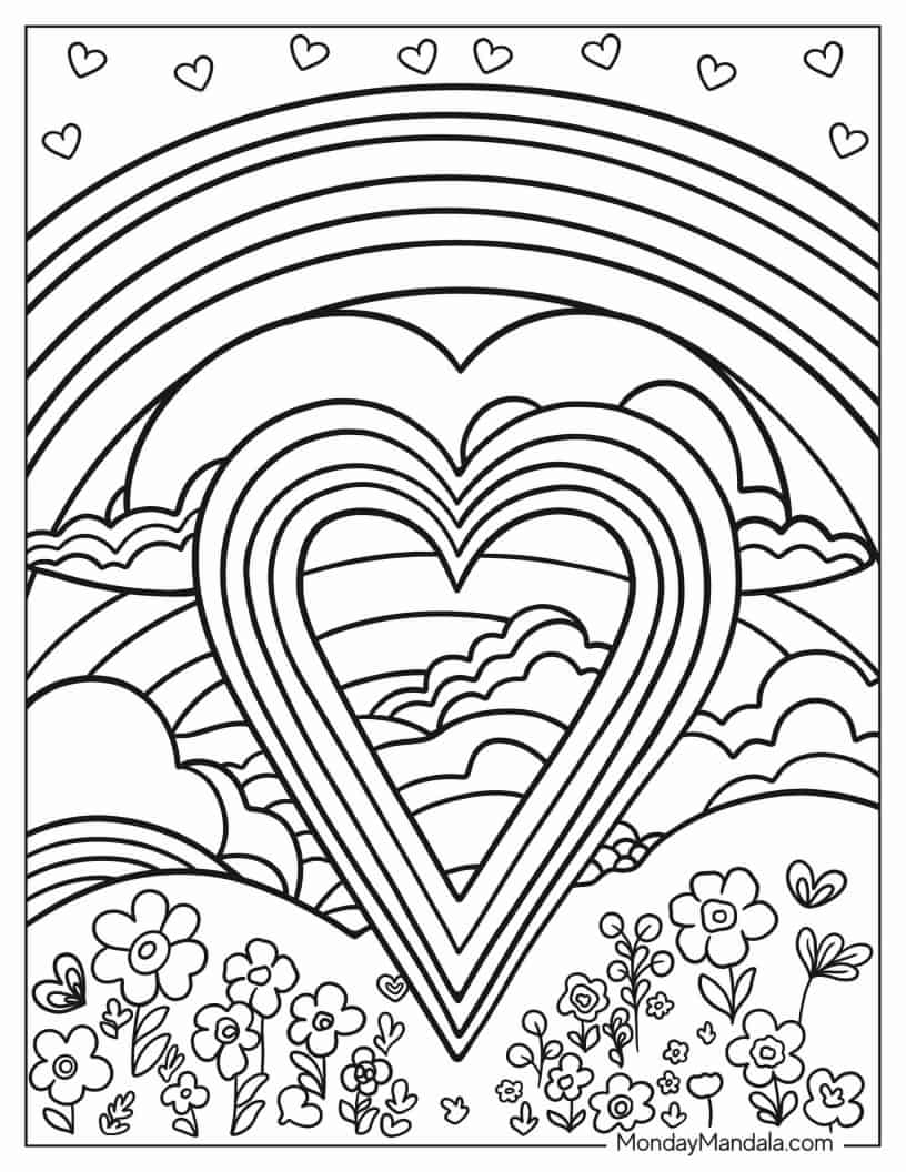Detailed Landscape Of Rainbow Hearts coloring page — printable line art