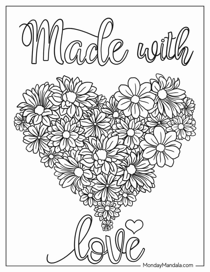 Flower Heart With Cursive Words Coloring Sheet coloring page — printable line art