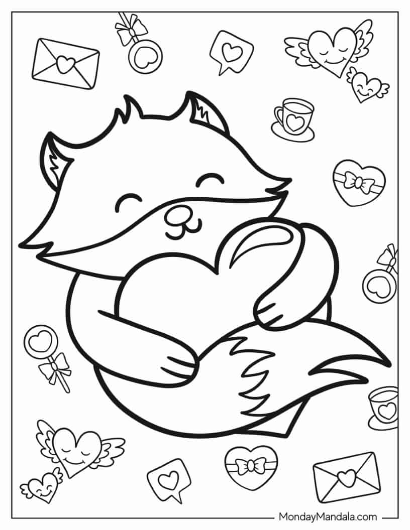 Fox Embracing Heart Coloring Sheet coloring page