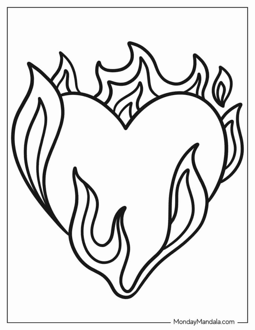 Heart In Flames Coloring Sheet coloring page — printable line art