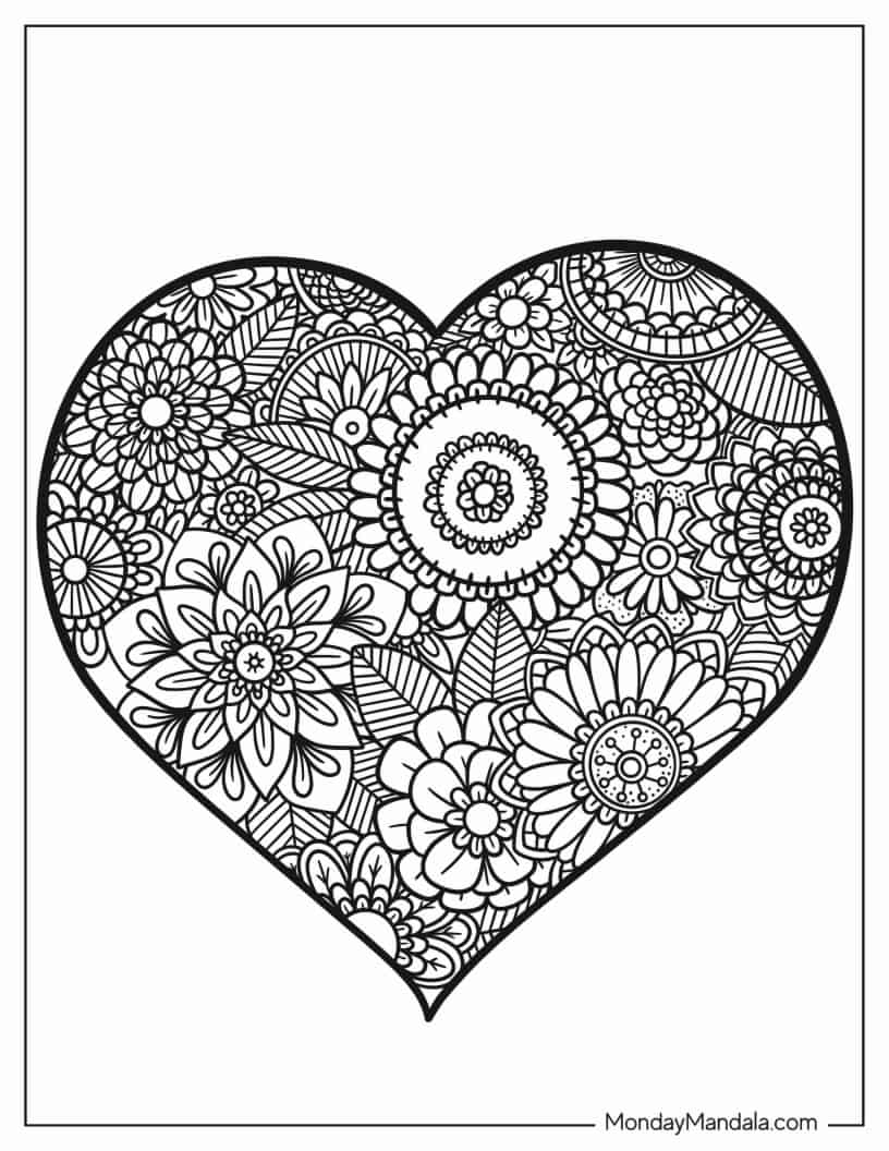 Heart Mandala With Floral Designs Coloring Page coloring page