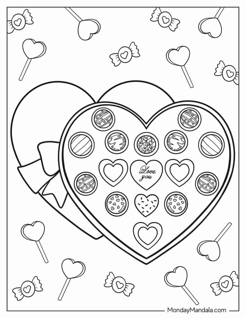 Heart-Shaped Chocolate Box Coloring Sheet coloring page — printable line art