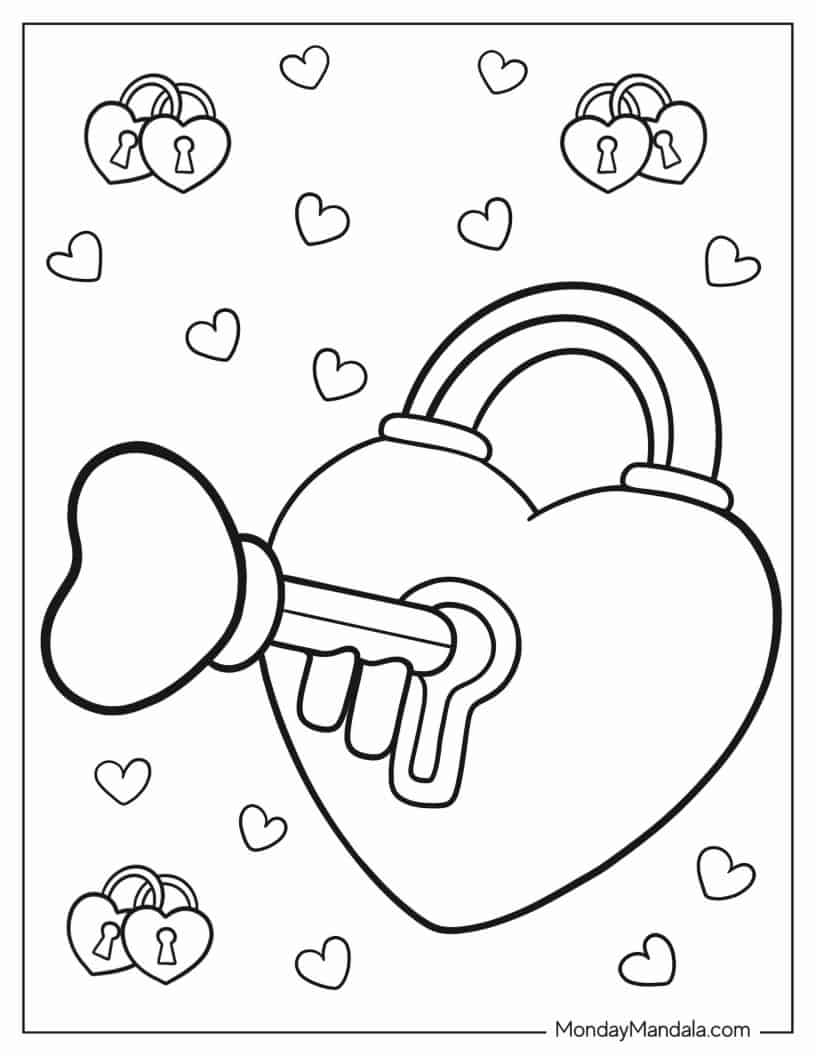 Heart-Shaped Lock With Key To Color coloring page