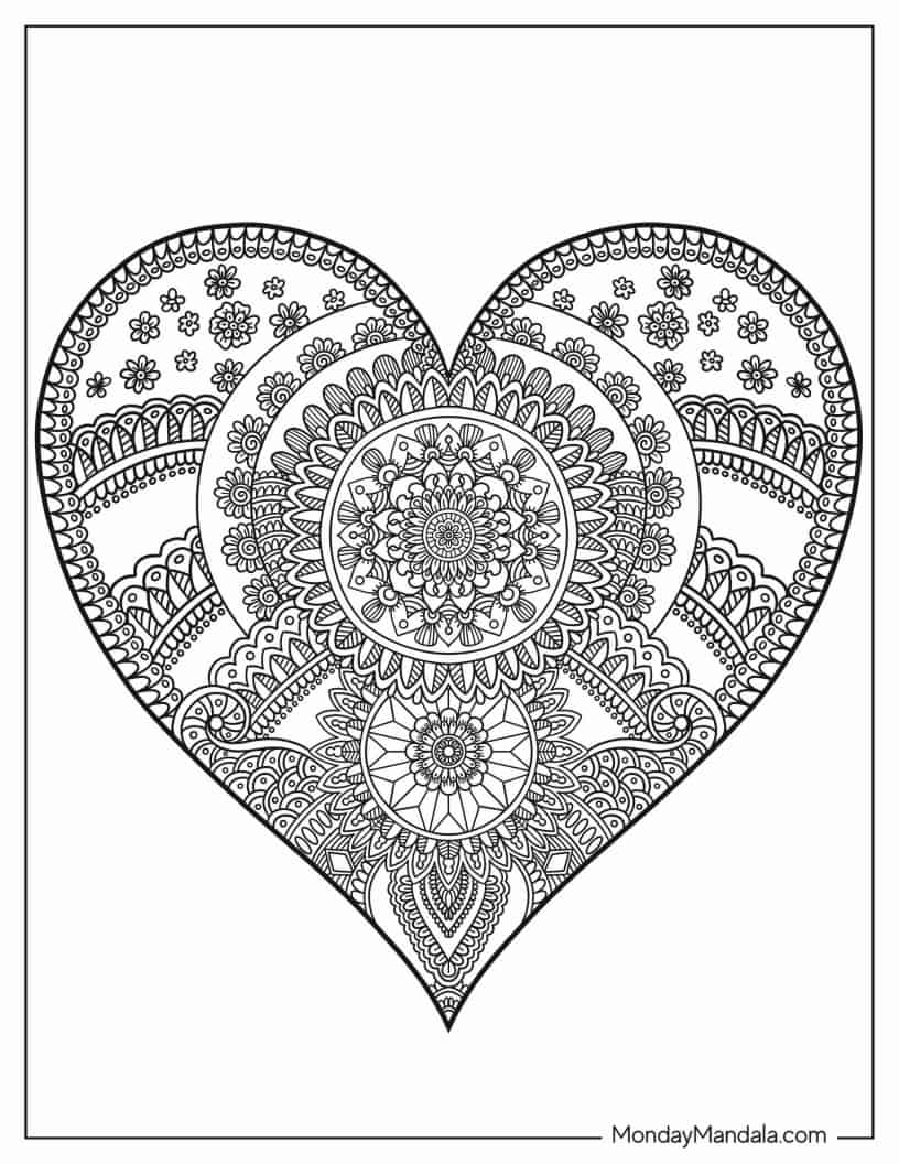 Heart-Shaped Mandala With Floral Designs coloring page — printable line art