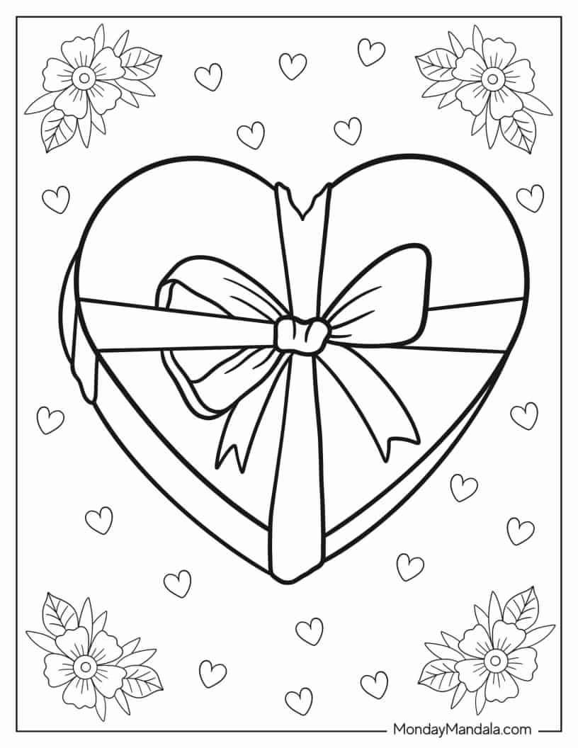 Heart-Shaped Present With Bow Coloring In For Kids coloring page — printable line art