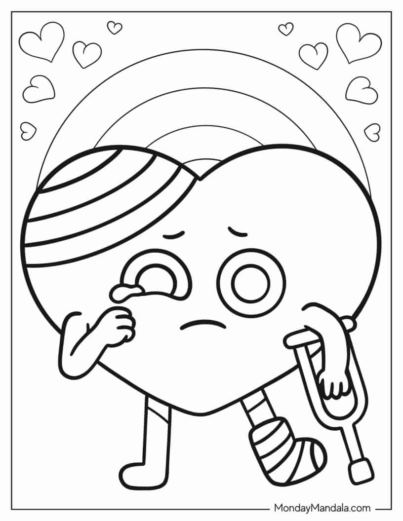 Injured Heart With Bandage And A Crutch coloring page — printable line art
