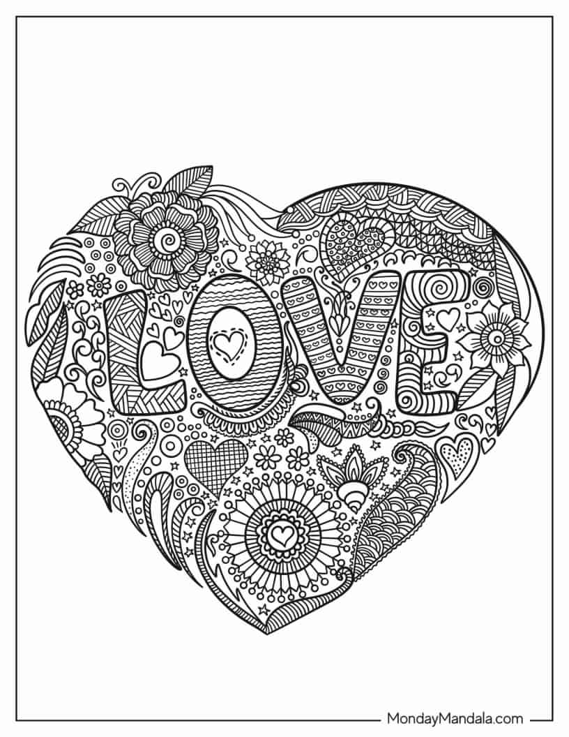 Kawaii Heart Mandala With Love coloring page — printable line art