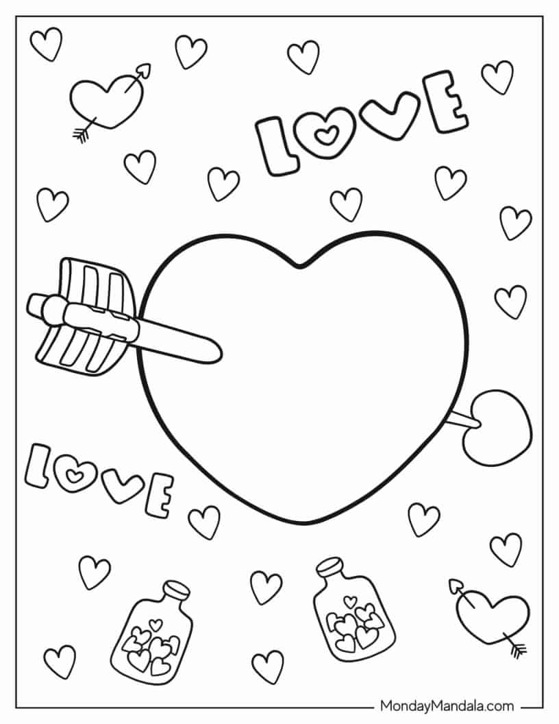 Kawaii Heart With Cupid_s Arrow To Color coloring page