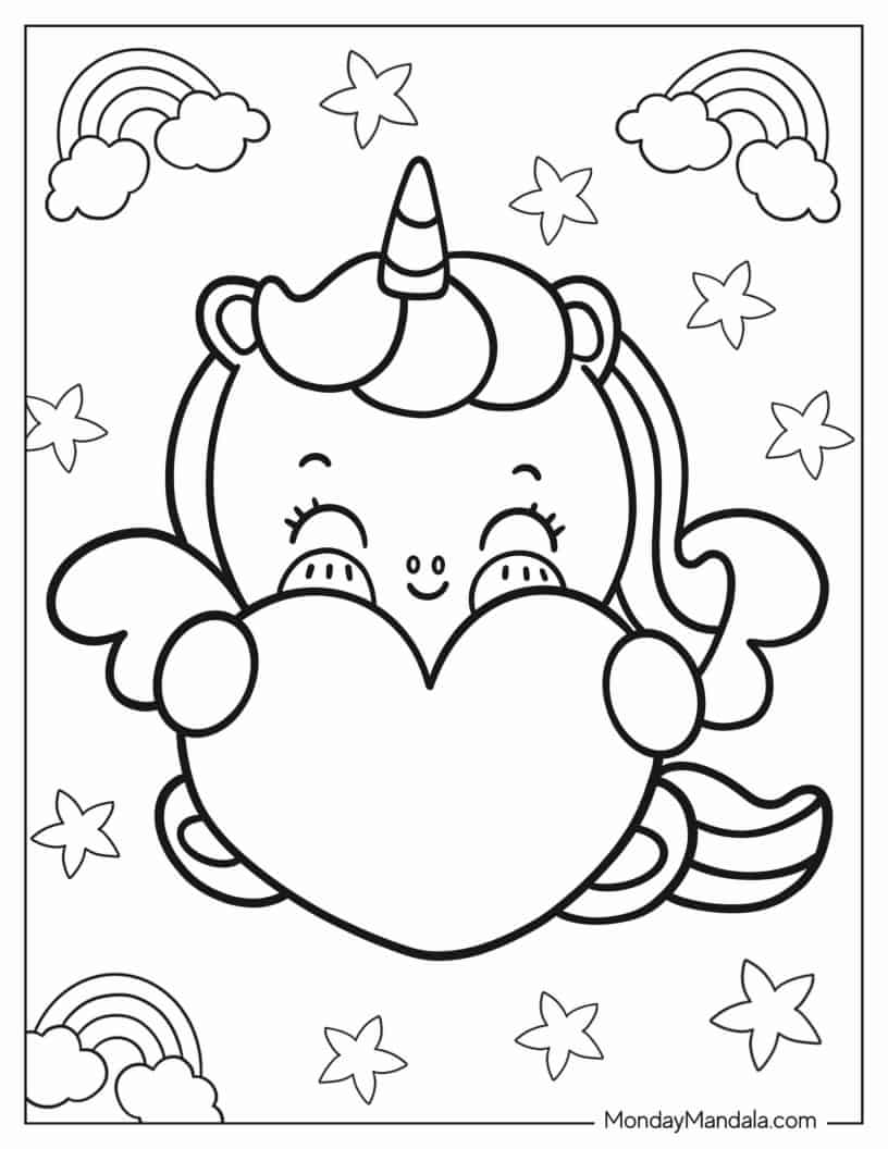 Kawaii Unicorn Hugging Heart Coloring In coloring page — printable line art