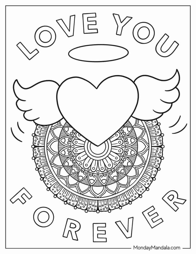 Love You Forever Mandala With Winged Heart coloring page — printable line art