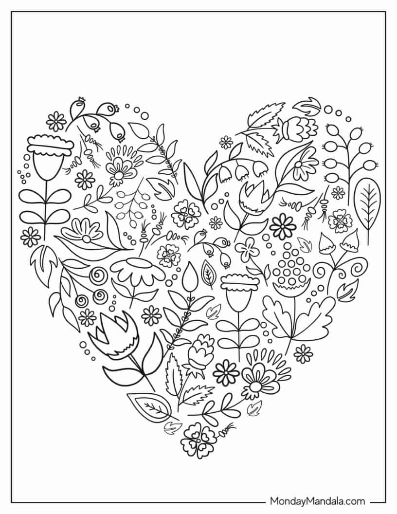 Minimalist Floral Design In Heart Shape coloring page — printable line art