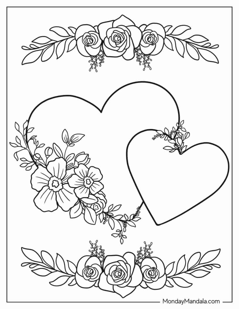 Outline Of Two Hearts With Flowers coloring page