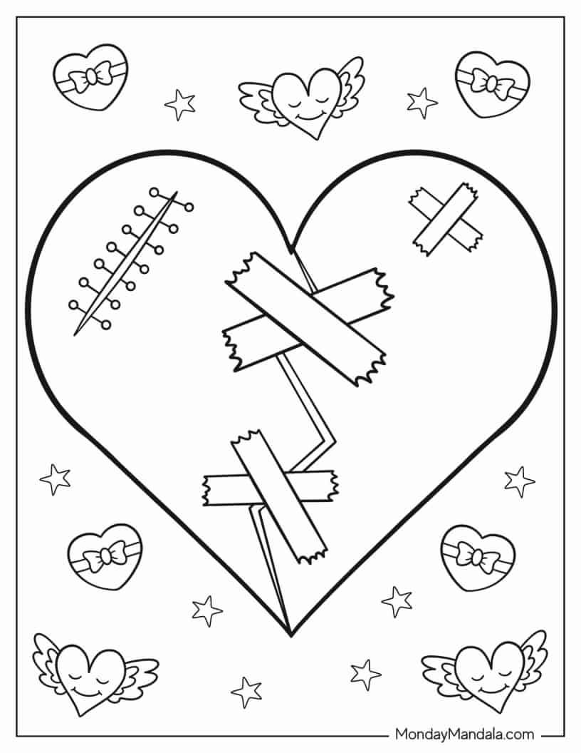 Repaired Broken Heart With Stitches And Tapes coloring page