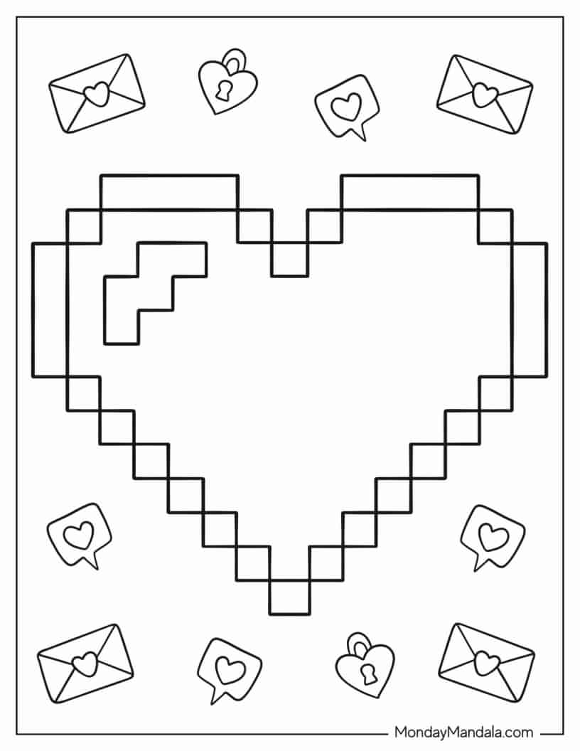 Retro Pixelated Heart coloring page — printable line art