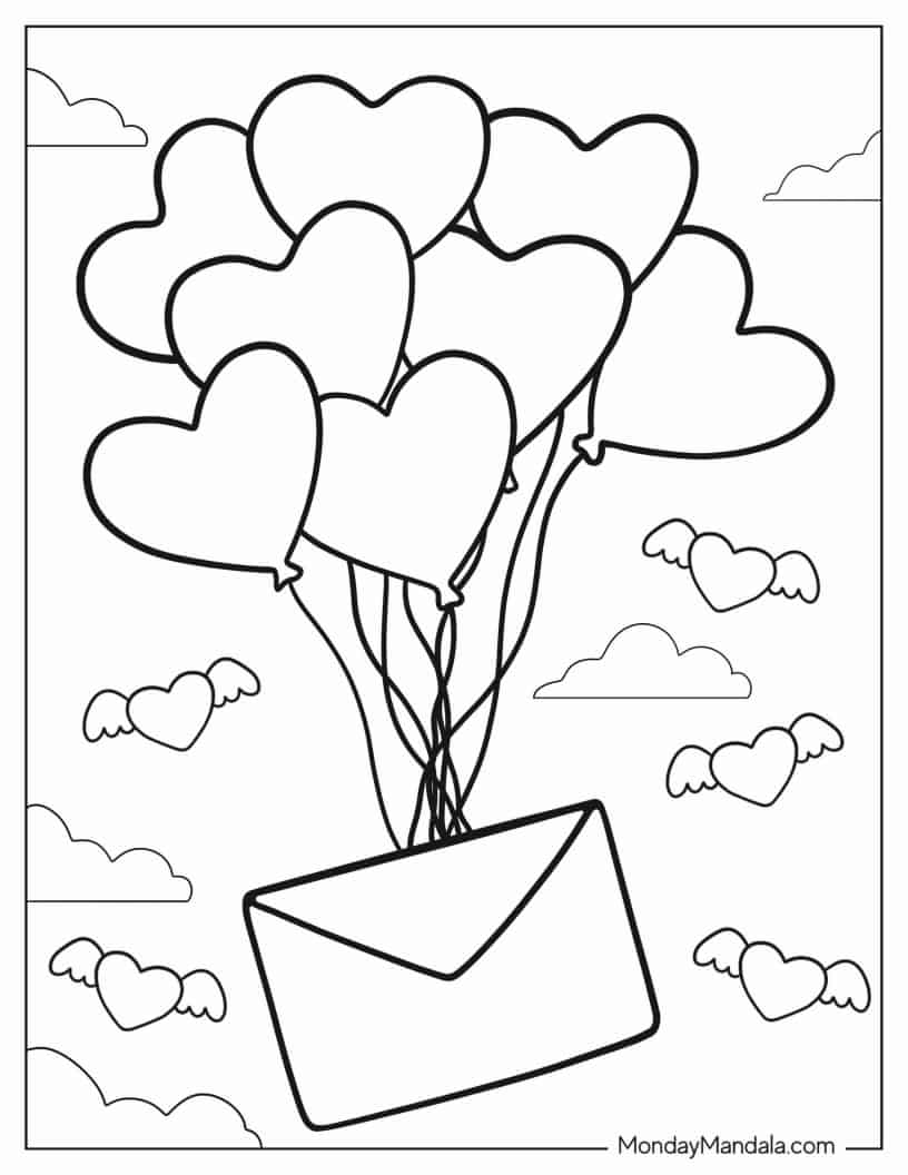Several Heart Balloons Attached To Letter coloring page