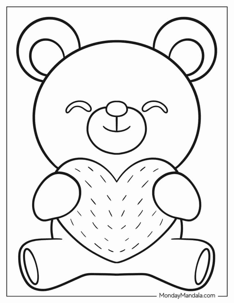 Simple Coloring Sheet Of Teddy Bear Hugging Heart coloring page — printable line art