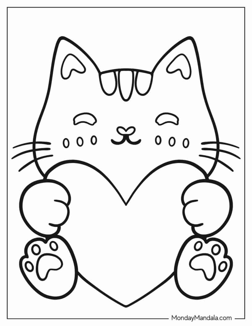 Simple Outline Of Cat Hugging Heart For Preschoolers coloring page — printable line art