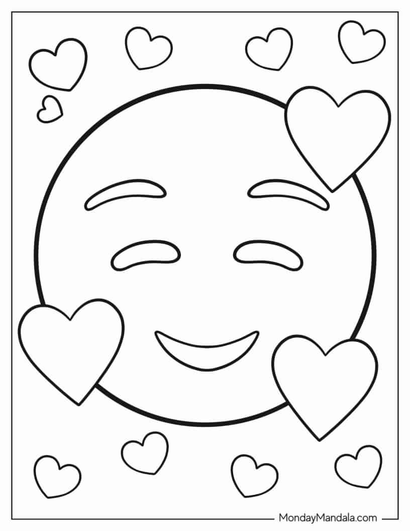 Smiling Face Emoji With Hearts Coloring Sheet coloring page — printable line art