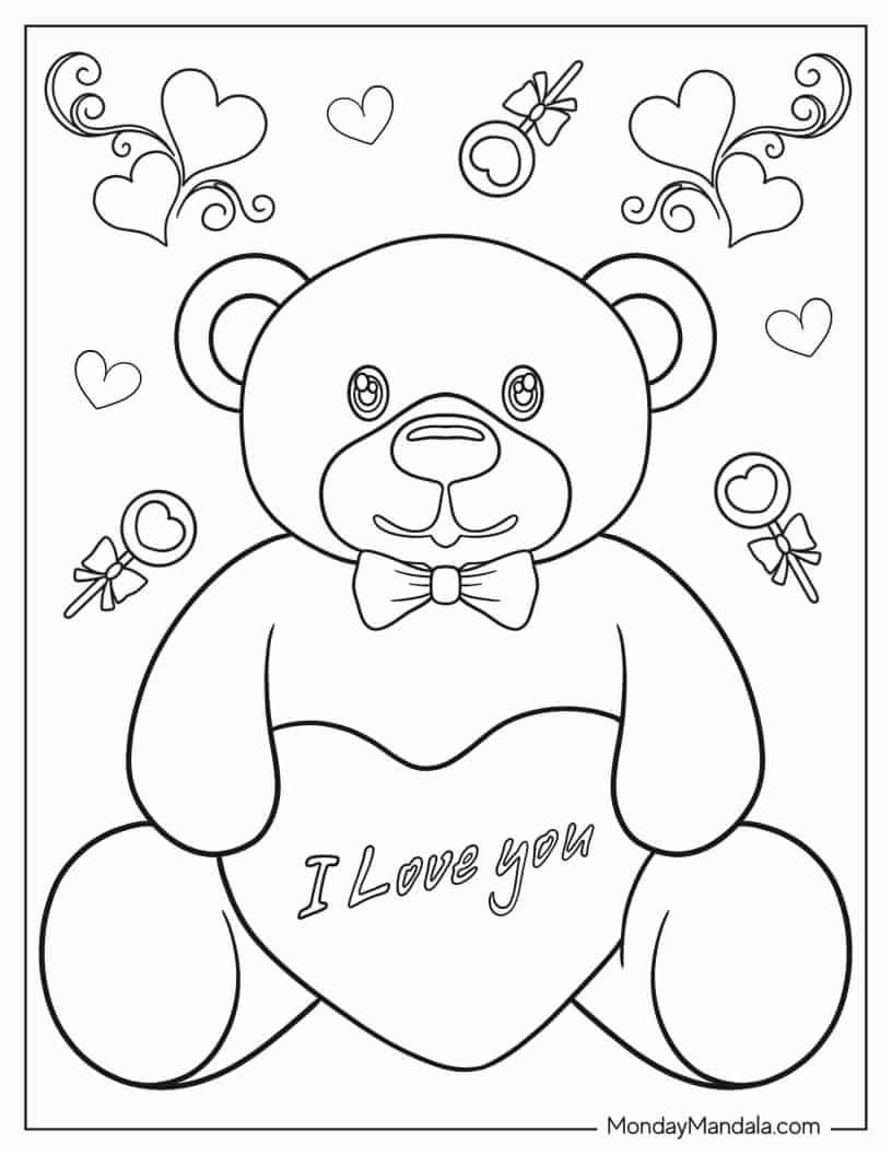 Teddy Bear Holding Heart Coloring In For Kids coloring page