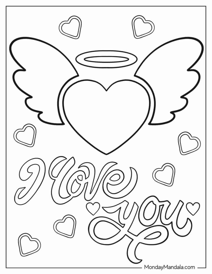 Winged Heart With Halo And I Love You coloring page
