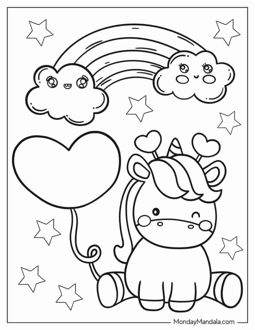 Winking Unicorn With Heart Balloon Coloring Page coloring page