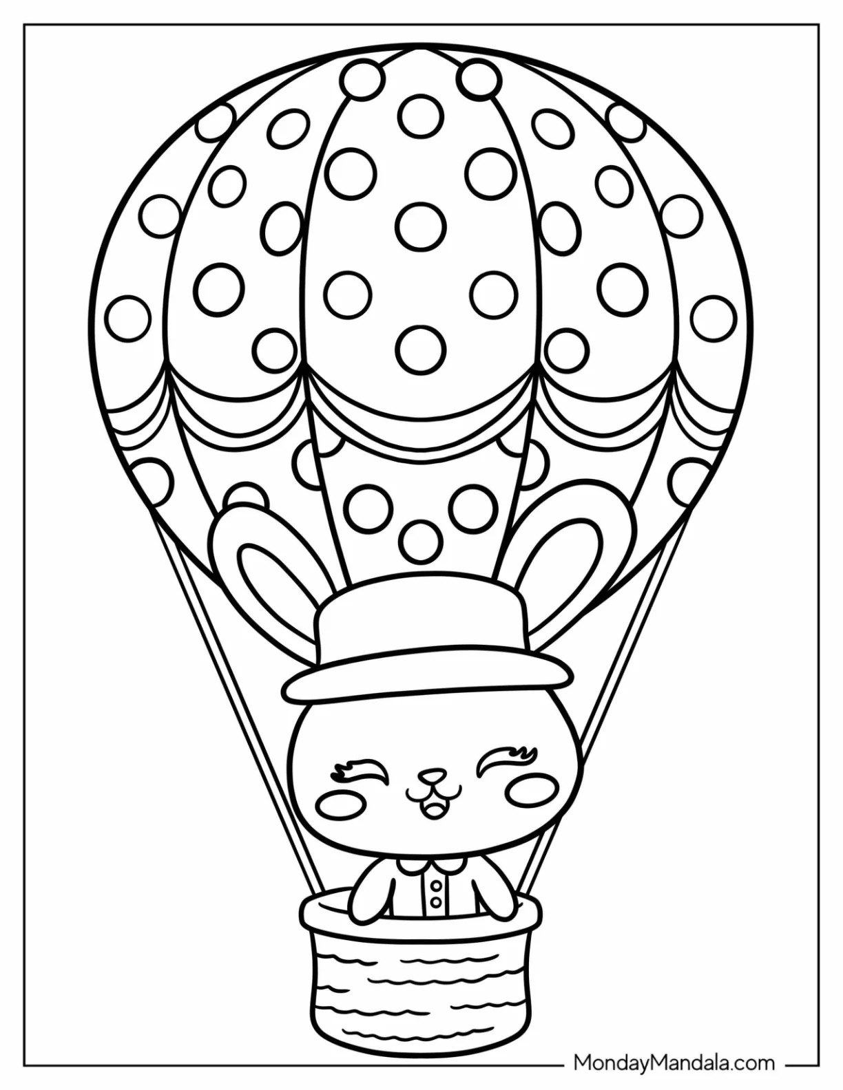 Bunny in Polka Dot Hot Air Balloon Coloring Page for Kids coloring page — printable line art