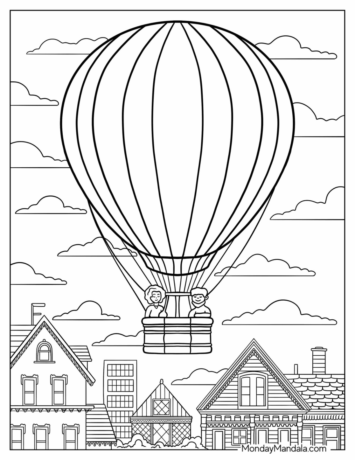 Couple in Hot Air Balloon Coloring Page Flying Over Houses and Buildings coloring page