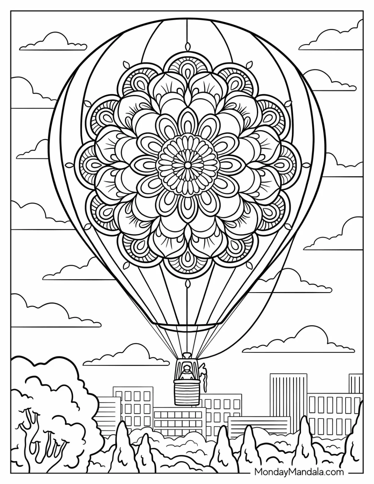 Detailed Hot Air Balloon Coloring Page with Mandala Design Floating Above Buildings coloring page