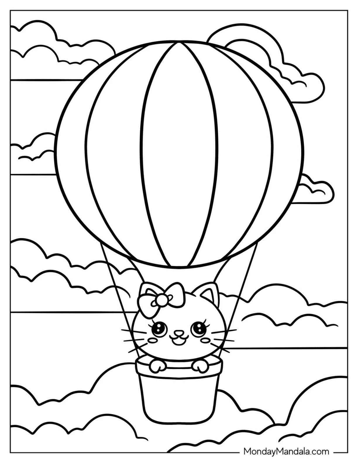 Easy Hot Air Balloon Coloring Page with Kitty Passenger For Preschoolers coloring page — printable line art