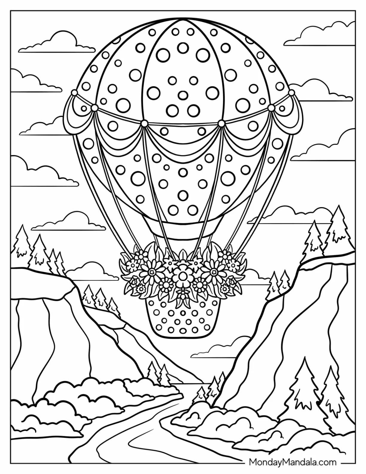 Floral Hot Air Balloon Coloring Page Over River Canyon coloring page — printable line art