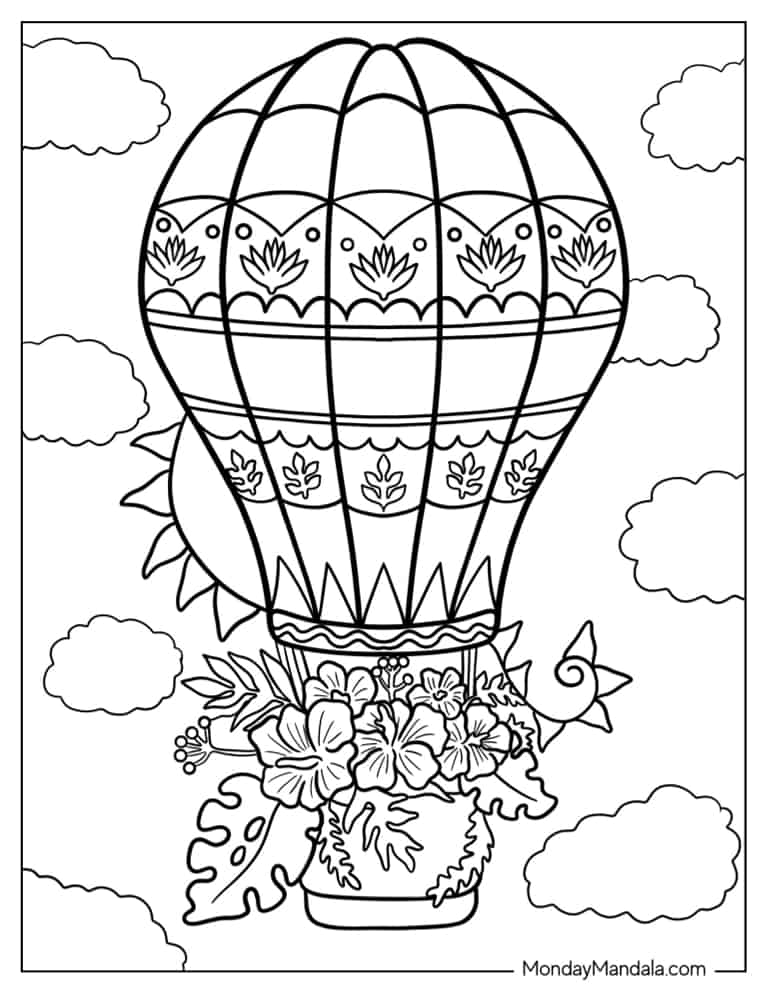Floral Hot Air Balloon Design To Color coloring page