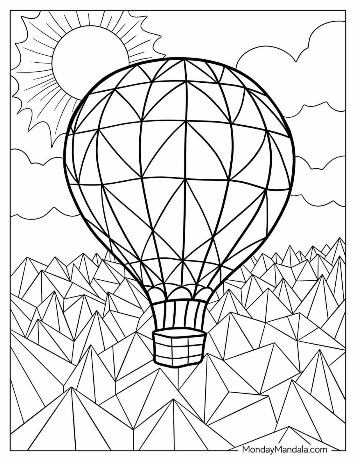 Geometric Hot Air Balloon Coloring Page Over Polygon Mountains for Adults coloring page — printable line art